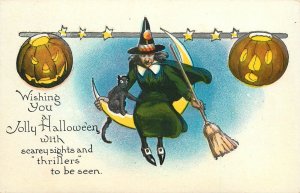 Halloween Postcard Witch Black Cat Sit On Crescent Moon Jack O Lantern JOL 363