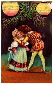 Christmas  Victorian boy kissing Girl