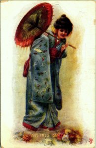 Miss Dainty Japanese Woman Geisha Kimono Parasol Postcard