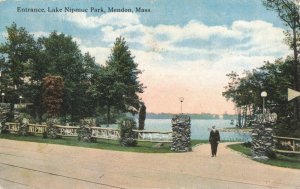 c.1916 Man at Entrance of Lake Nipmuc Park Log Railings, Mendon, Mass. 10c1-447 