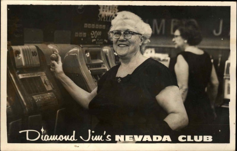 Gambling Woman at Slot Machine Diamond' Jim's Nevada Club Las Vegas NV RPPC