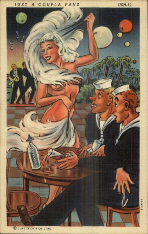 Curt Teich US Navy Comic Sailors Sexy Woman Stripper Semi Nude Linen Postcard 