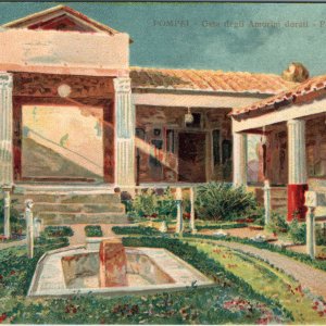 c1920s Pompeii Italy Postcard Casa degli Amorini dorati Peristyle Garden Ruins