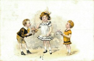 Victorian Style Girl and Two Boys with a Bouquet and Gift Vintage Postcard 07.11