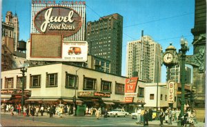 Postcard Chicago Walgreens Drug Store Bus Depot Marshall Field Clock 1960s V214