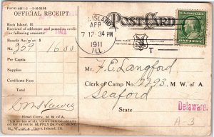 VINTAGE POSTCARD OFFICIAL RECEIPT FORMAT (SCARCE) ROCK ISLAND ILLINOIS 1911