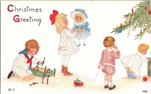 Children Playing at Christmas Tree Xmas Greetings Signed MH Vintage Postcard F64