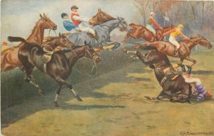 Loose Horses by G.D. Rowlandson horses jockey racing series postcard 