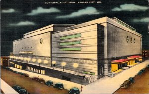 Postcard MO Kansas City - Municipal Auditorium at night