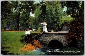 Omaha NB-Nebraska, Scene Hanscom Park Two Women Bridge Old Vintage Postcard