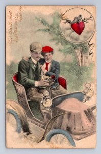 VALENTINE HOLIDAY ROMANCE CAR HEART SHOE POSTCARD 1907