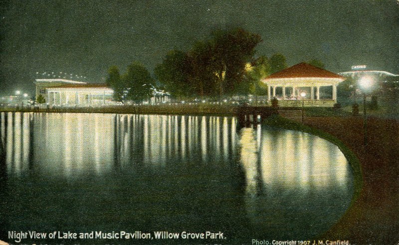PA - Willow Grove. Willow Grove Park, Lake, Music Pavilion at Night