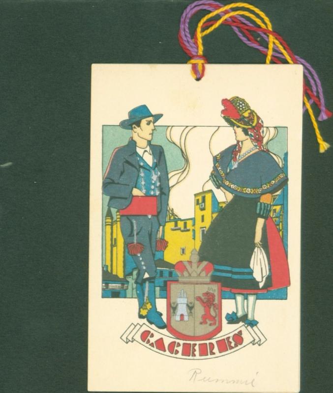 CACERES SPAIN POSTCARD~SENOR sENORITAS~CREST + CHEQUE ON SEPARATE CARD W/ STRING