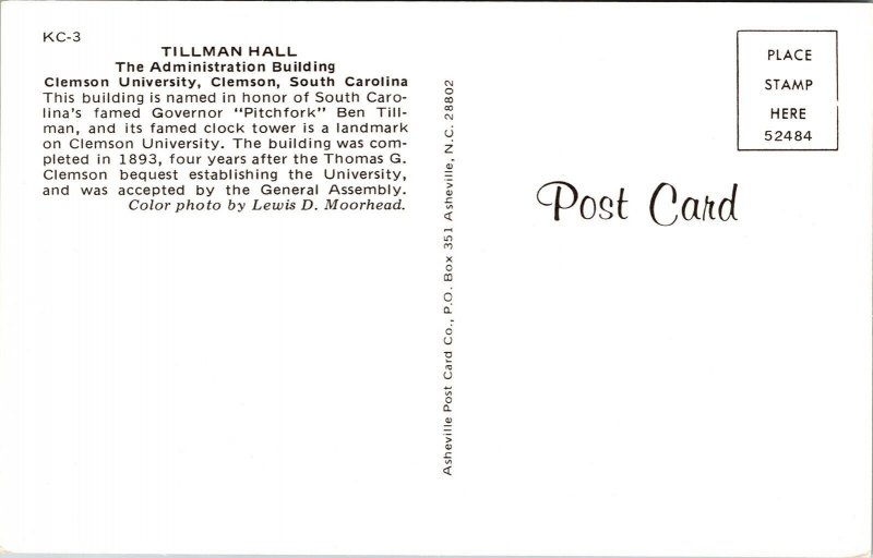 Tillman Hall Admin Bldg Clemson University South Carolina SC Postcard UNP VTG 