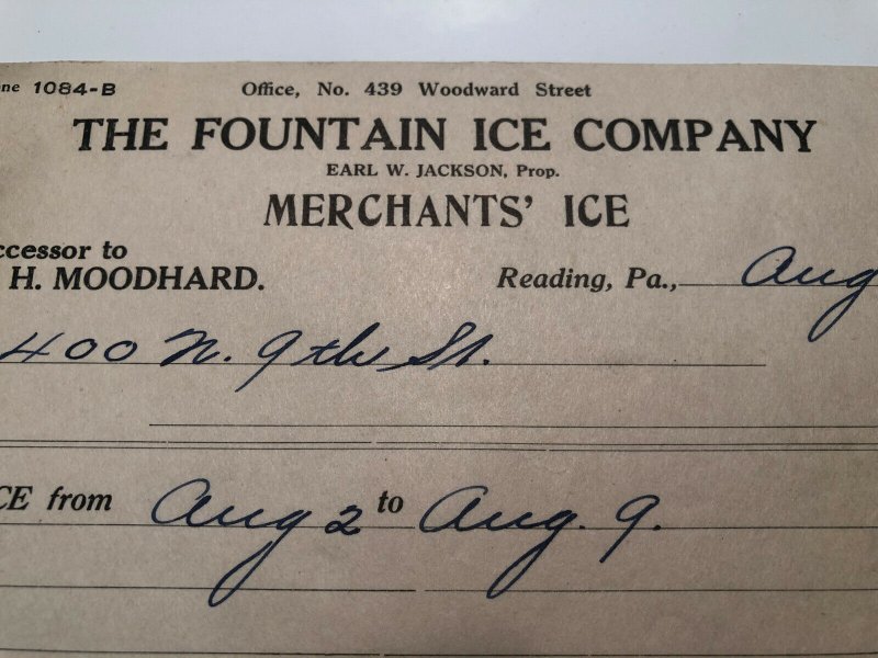 1915 The Fountain Ice Company Merchants Ice Reading PA Invoice Letterhead