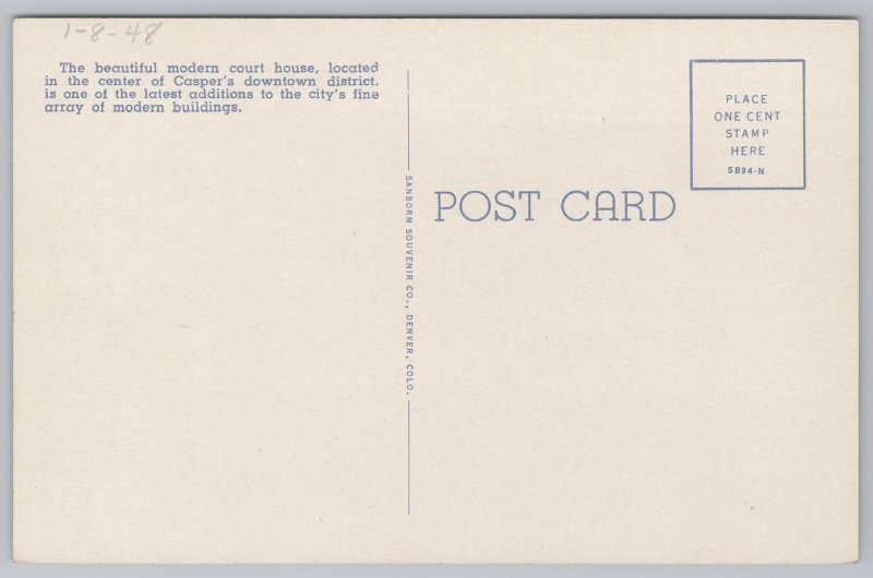 Casper Wyoming~Natrona County Courthouse~Linen Vintage Postcard