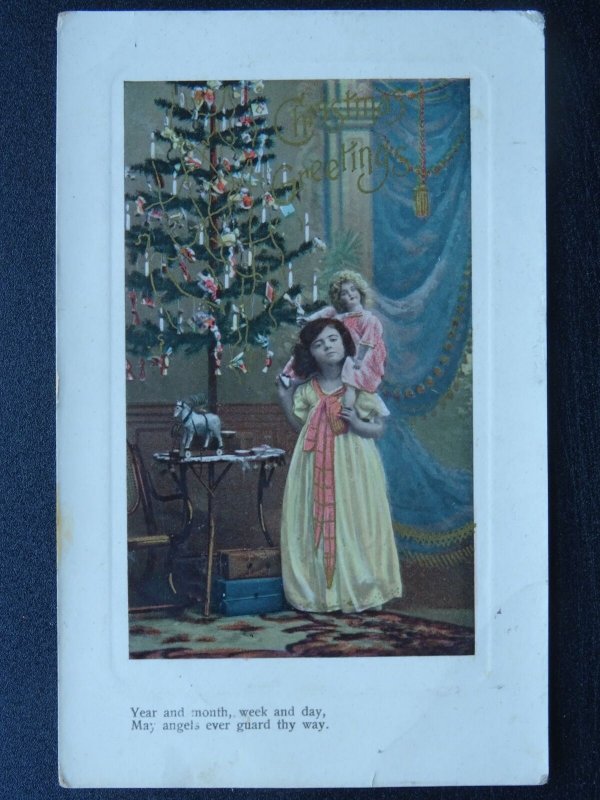 Christmas Greetings LITTLE GIRL PLAYING WITH DOLLY c1910 Postcard