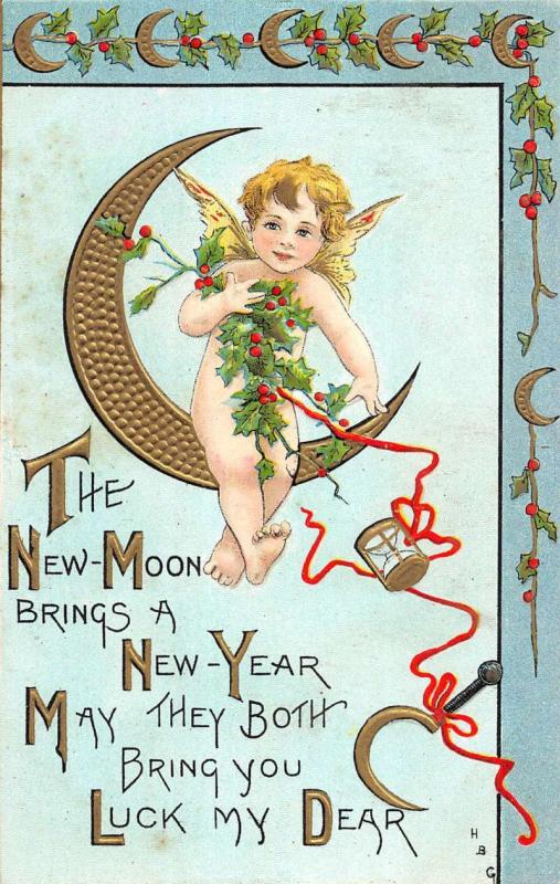 New Year Baby Angel Holly Fantasy Moon Hourglass Luck Antique Postcard K20528