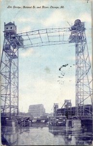 Lift Bridge, Halsted Street and River, Chicago IL c1910 Vintage Postcard U40