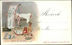 Birth Announcement Girl's Bedroom Crib Toys Charles Rose 1908 Postcard