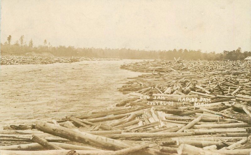 Postcard RPPC Michigan Rapids Dam Logging lumber 1909 23-2311 