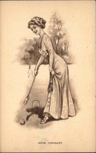 Pretty Woman Playing Croquet c1910 Vintage Postcard