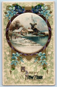 1910 New Year House Windmill And Flowers Winter Scene Winsch Back Postcard