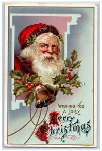 1910 Christmas Santa Claus Holly Berries Bells Embossed Antique  Postcard