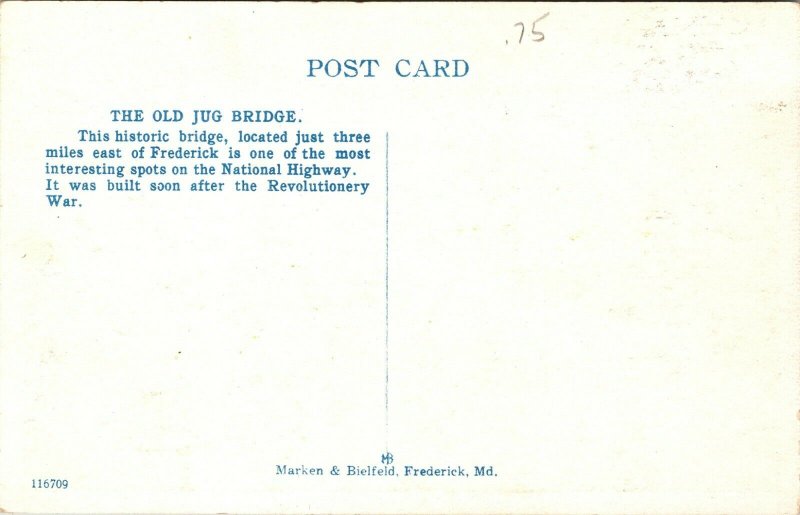 FREDERICK MD Postcard - HISTORIC JUG BRIDGE National Highway FARM - MARYLAND