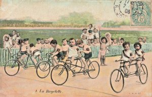 LA BICYCLETTE-BABIES RIDING TANDEM BICYCLES~1905 FRENCH POSTCARD