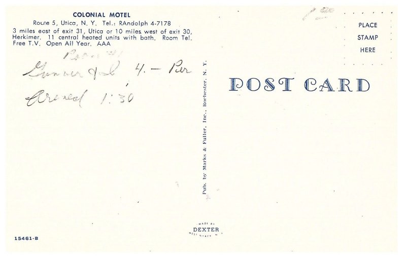 Colonial Motel Route 5 Utica NY Vintage Hotel Postcard