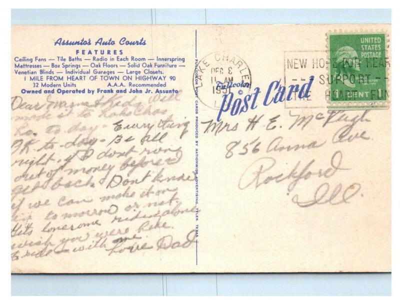 LAKE CHARLES, Louisiana LA ~ Roadside ASSUNTO'S AUTO COURTS 1951 Linen Postcard