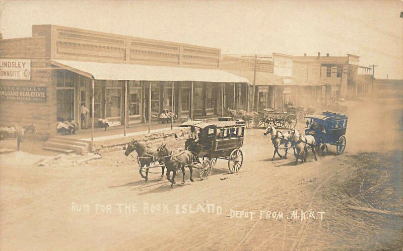 Run For The Rock Island Depot From M.K.T Railroad Depot RARE Real Photo Postcard 