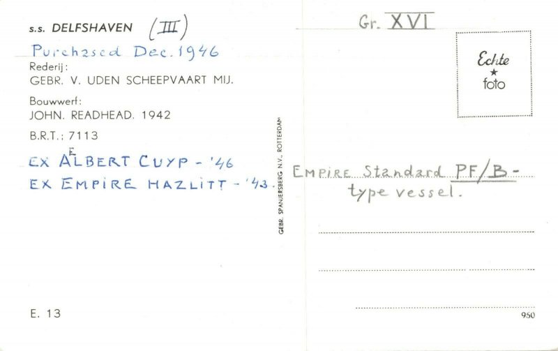 s.s. Delfshaven III 1946 Gebr V. Uden Scheepvaart Maatschappij RPPC Ship 06.29