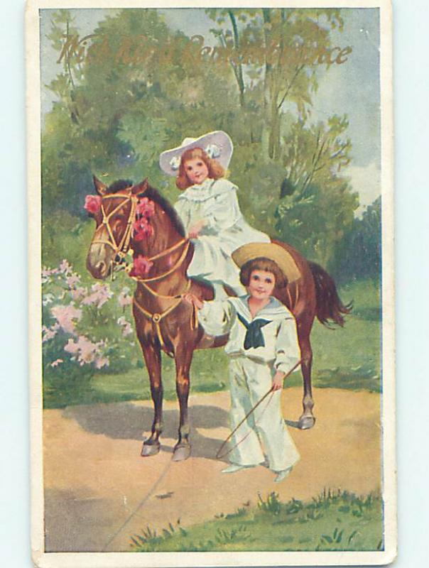 Pre-Linen BOY WALKS BESIDE CUTE GIRL RIDING BEAUTIFUL HORSE HJ4328