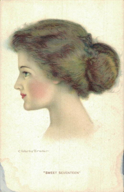 Artist Signed C Warde Traver Sweet Seventeen Portrait Vintage Postcard 07.11