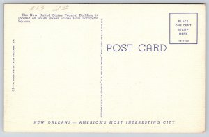 New Orleans Louisiana~US Federal Bldg~Statue~Lafayette Sq~Linen 1940s Postcard