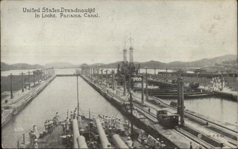 Panama Canal Zone US Dreadnaught Ship in Locks c1910 Postcard