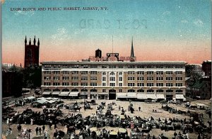 c1910 ALBANY NY LYON BLOCK AND PUBLIC MARKET HORSES CARRIAGES POSTCARD 14-108