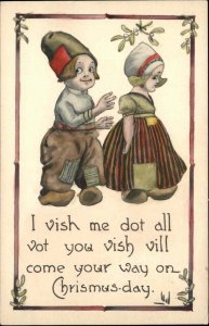 Christmas Children Mistletoe Dutch Boy & Girl Bergman c1910s Postcard