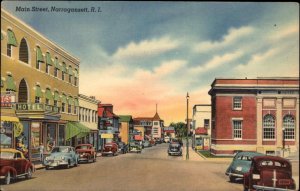 Narragansett Rhode Island RI Main Street Linen Classic Cars Vintage Postcard