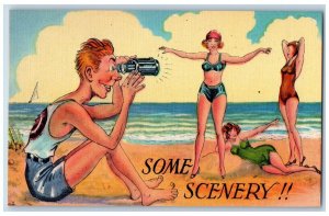 Man Peeping Tom Postcard Camera Woman Wearing Swimsuit Beach Bathing Beauty