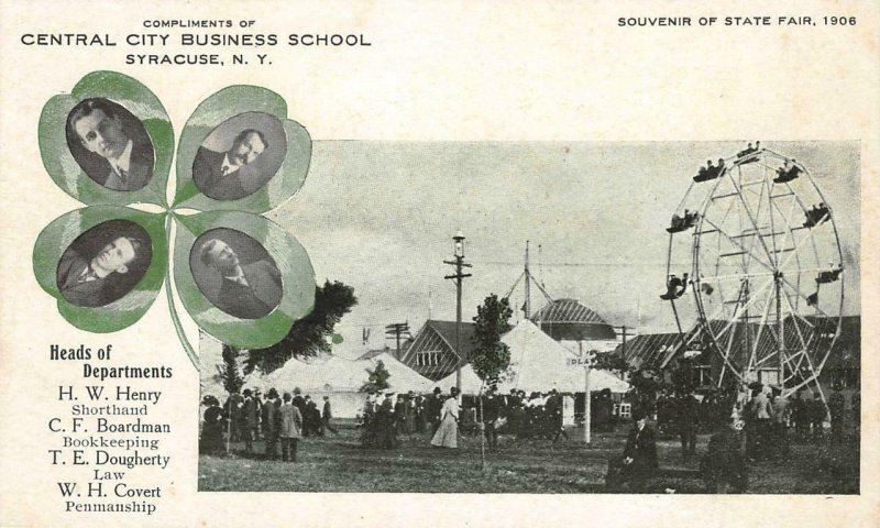 CENTRAL CITY BUSINESS SCHOOL Syracuse, NY Ferris Wheel 1906 State Fair Postcard