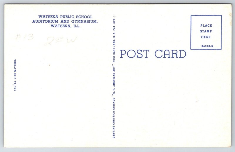 Watseka Illinois~Public School Auditorium & Gymnasium Bldg~Vintage Postcard