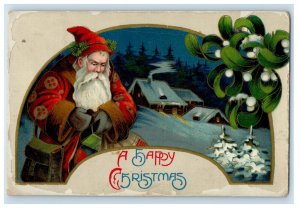 1912 Christmas Old World Santa Gel Cottage Red Satchel Beard Posted Postcard 