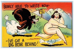 Nudist Camp Postcard Bearly Able To Write Now Big Bear Chasing Fat Woman