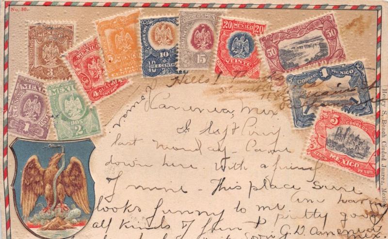 MEXICO STAMPS~COAT OF ARMS~HENRY S BEACH CIUDAD JUAREZ PUBLISHED POSTCARD 1907 