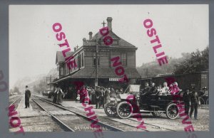 Savanna ILLINOIS RPPC 1909 DEPOT TRAIN STATION C.B. & Q. RR Crowd nr Mt. Carroll