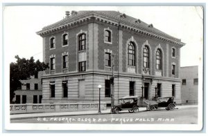 US Federal Building & Post Office Car Fergus Falls Minnesota RPPC Photo Postcard
