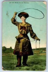 1912 Cowgirl Ready For The Roundup Firesteel South Dakota SD Antique Postcard